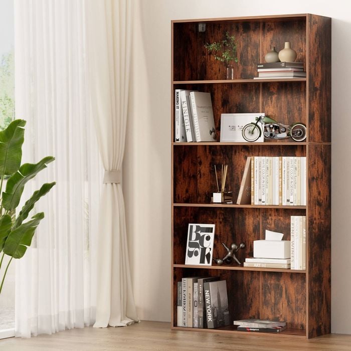 Homfurn 5-tier Bookshelf – 6 Adjustable Shelves, Walnut Finish, Anti-tip Kit, 10kg Per Shelf