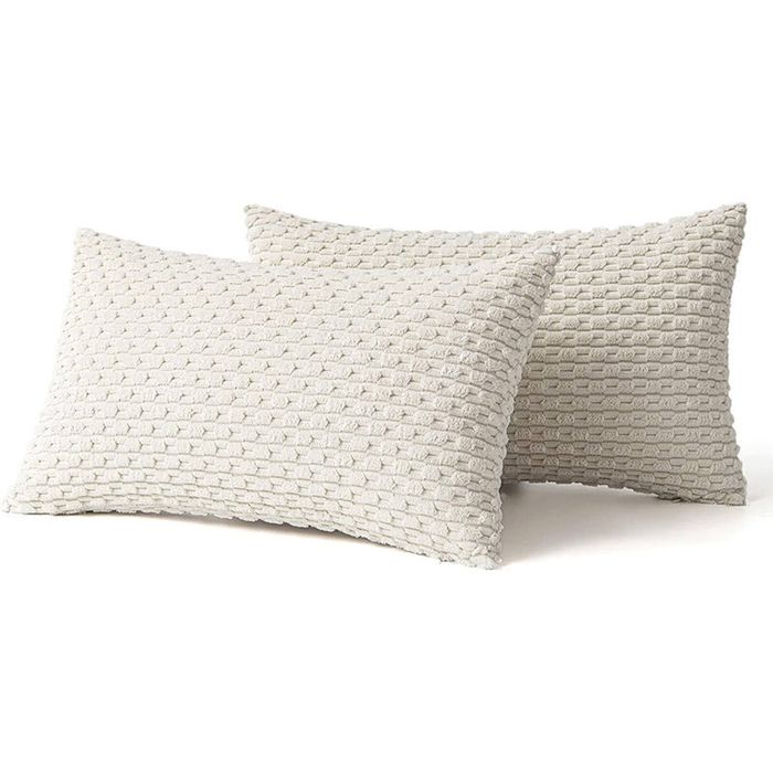 Catzon 2 Pcs Throw Pillow Covers Soft Striped Corduroy Cushion Case for Couch 30X50cm-Beige