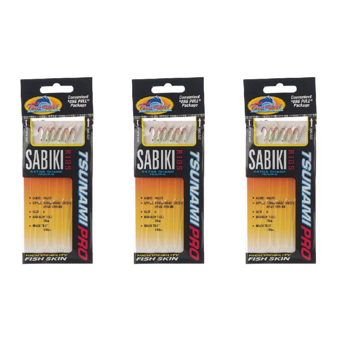 3x Tsunami 6 Red Hook Sabiki Rig - TS68G Hage Green Head Flash and Beads Size 6