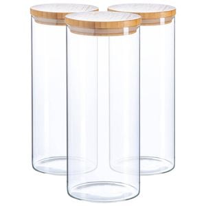 Argon Tableware Glass Storage Jar - Wood Lid - 1.5 Litre - 3x Modern Round Scandi Organisation Container Glass Jar