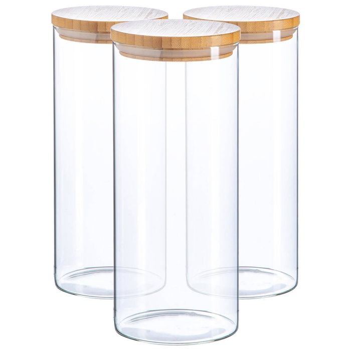 Argon Tableware Glass Storage Jar - Wood Lid - 1.5 Litre - 3x Modern Round Scandi Organisation Container Glass Jar