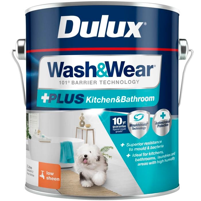 Dulux 2L Interior Paint Wash&Wear +PLUS Kitchen & Bathroom Low Sheen Vivid White