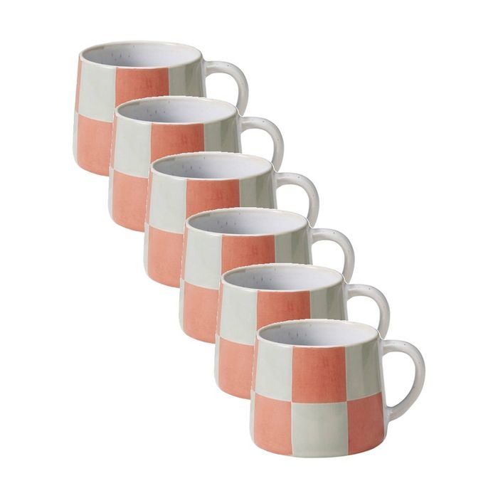 6pk Porto Carnevale Stoneware Coffee Mug Green/pink Checkers 320ml