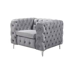 Single Seater Grey Sofa Classic Armchair Button Tufted in Velvet Fabric with Metal Legs