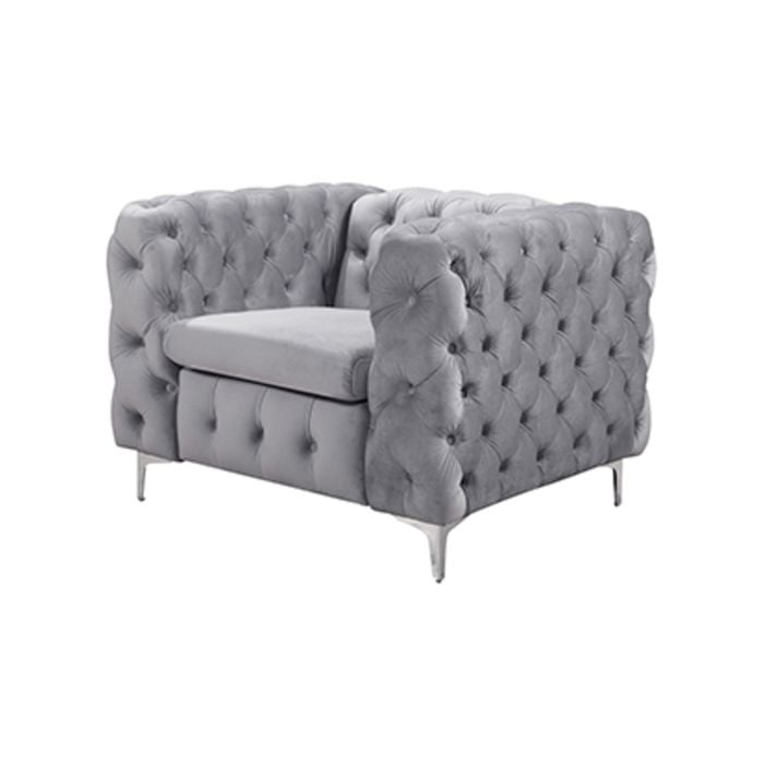 Single Seater Grey Sofa Classic Armchair Button Tufted in Velvet Fabric with Metal Legs