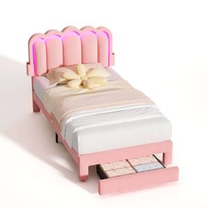 Ufurniture LED Velvet Upholstered Bed Frame with Adjustable Headboard and Charging Station King Single Pink