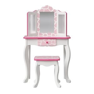 Teamson Kids Little Princess Gisele Giraffe Print Kids Vanity Set With Stool, Trifold Mirror, & Storage Drawer, White/pink