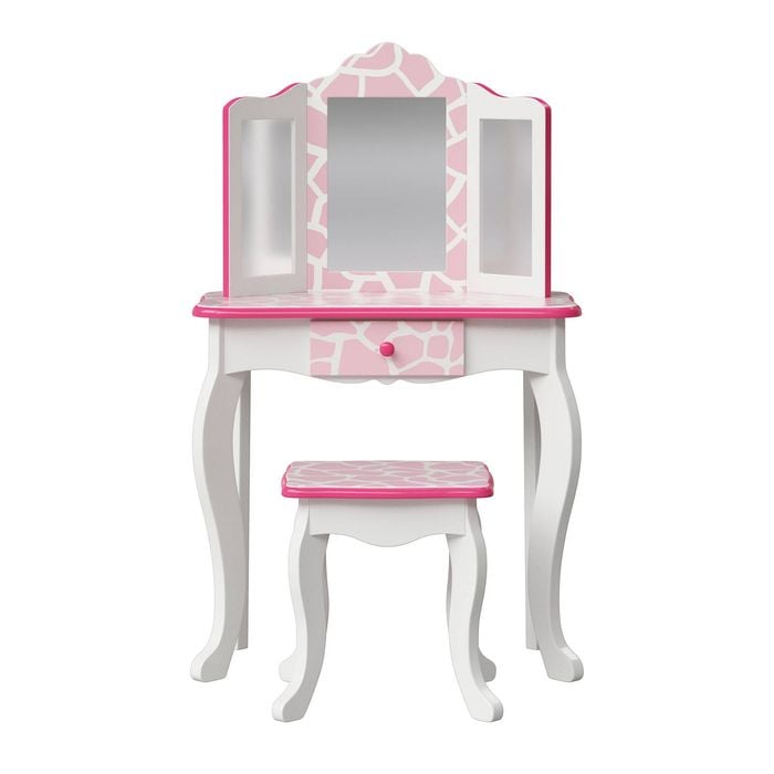 Teamson Kids Little Princess Gisele Giraffe Print Kids Vanity Set With Stool, Trifold Mirror, & Storage Drawer, White/pink