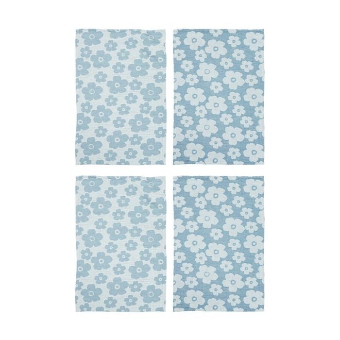 2x 2pc Ladelle Jacquard Soft Durable Cotton Flower Kitchen Tea Towels Blue