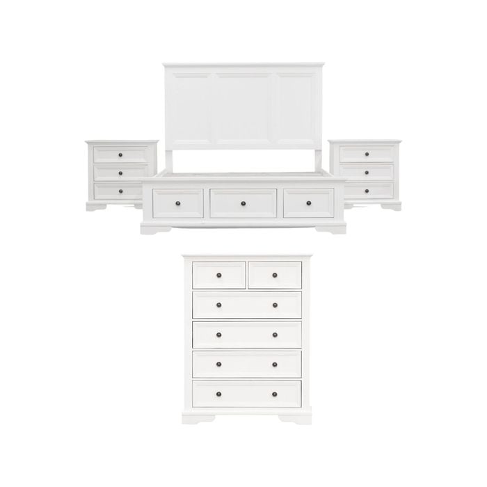 Celosia 4pc Queen Bed Frame Bedroom Suite Timber Bedside Tallboy Package - White