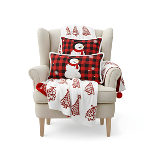 SOGA Christmas Bundle – Red Christmas Tree Fleece Throw & Red Snowman Holiday Pillows