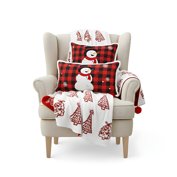 SOGA Christmas Bundle – Red Christmas Tree Fleece Throw & Red Snowman Holiday Pillows
