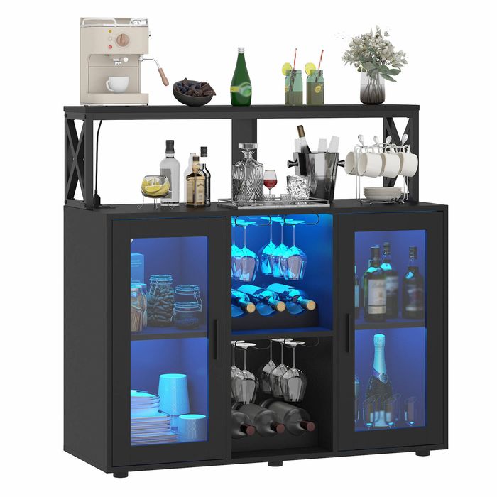Advwin Sideboard Buffet Cabinet w/ LED Lights Power Outlet Wine Rack Black