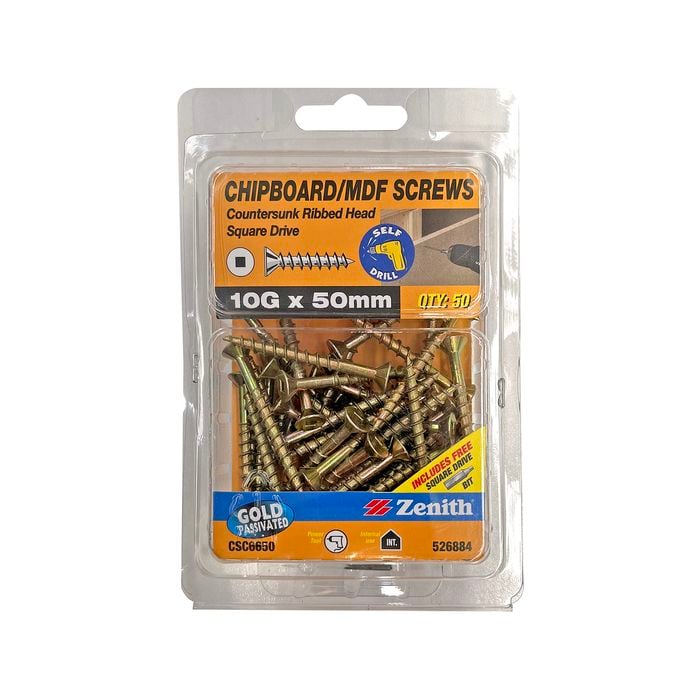 Zenith 10G x 50mm Gold Passivated Square Drive Chipboard Screw - 50 Pack