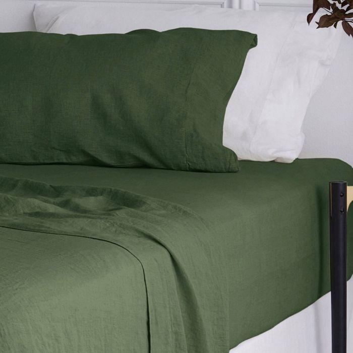 Bedding Co. Fitted Sheet 100% French Flax Linen Breathable Olive Queen