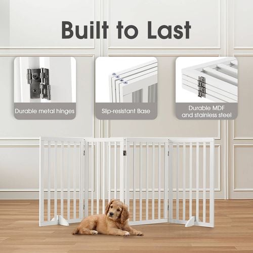 Petzly Pet Gate Dog Fence Safety Barrier with Support Feet 4 Panel 80cm White Bunnings Australia