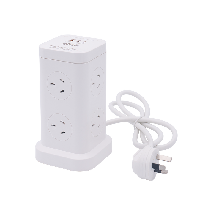 Click 6 Outlets Mini Tower Power Board with USB Charger