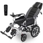 EQUIPMED Power Electric Wheelchair, Long Range, Auto Recline, Lithium Battery, 16" Rear Wheel, Headrest, Folding, Grey/Black