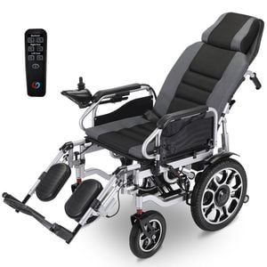 EQUIPMED Power Electric Wheelchair, Long Range, Auto Recline, Lithium Battery, 16" Rear Wheel, Headrest, Folding, Grey/Black