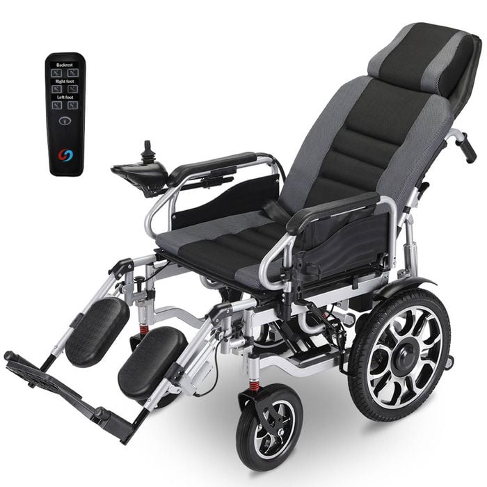 EQUIPMED Power Electric Wheelchair, Long Range, Auto Recline, Lithium Battery, 16" Rear Wheel, Headrest, Folding, Grey/Black