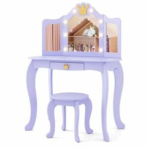 Costway Vanity Set Princess Makeup Dressing Table & Stool Writing Table Purple