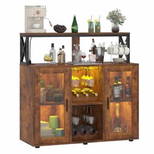 Advwin Sideboard Buffet Cabinet w/ LED Lights Power Outlet Wine Rack Rustic Brown