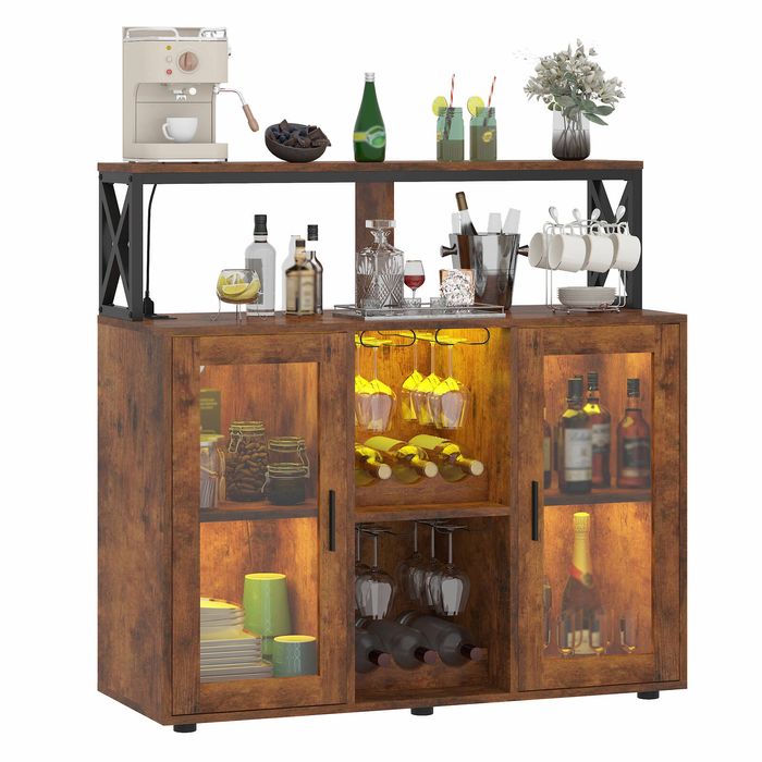 Advwin Sideboard Buffet Cabinet w/ LED Lights Power Outlet Wine Rack Rustic Brown