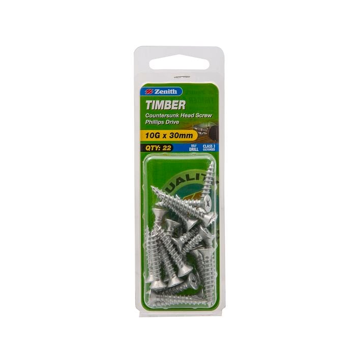 Zenith 10G x 30mm Galvanised Countersunk Head Timber Screws - 22 Pack