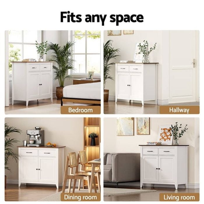 Homfurn 90cm Buffet Sideboard – 2 Drawers + Inner Shelves, Walnut Top, White Cabinet, Anti-tip Kit