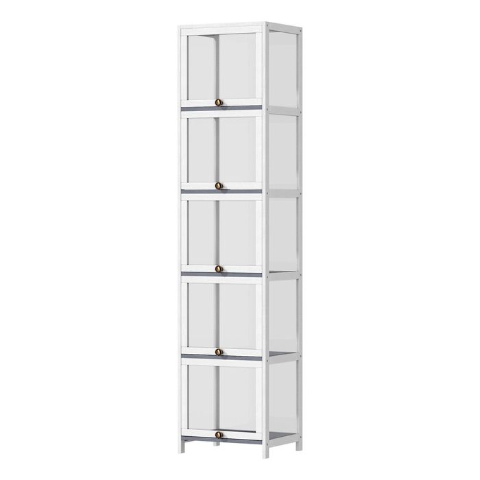 Oikiture Display Cabinet Slim Storage 5-Tier Shelves Clear Bookcase Rack White
