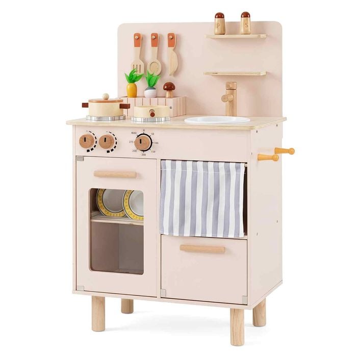 Costway Kid Play Kitchen Flip-down Cabinet Curtained Compartment-Beige