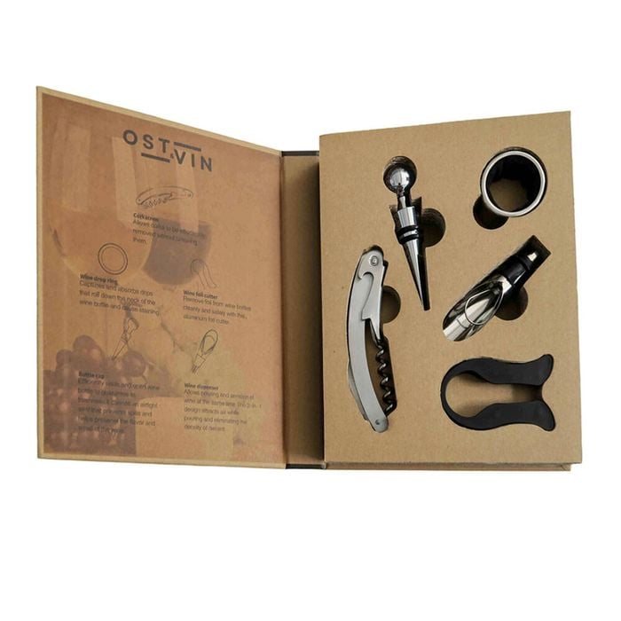 NF Living Wine Accessory Set Corkscrew Stopper Pourer 20.5x16.5cm Solid Brown