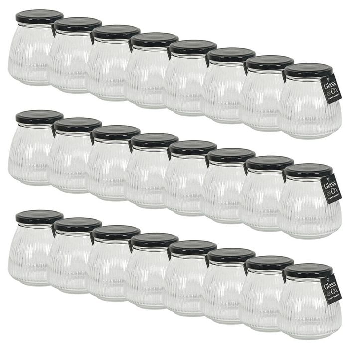 24PK Glass & Co Cleo Taper Ribbed Black Metal Lid Storage Jar 460ml Clear