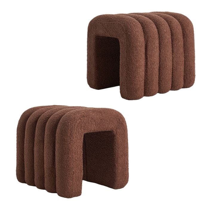 La Bella 2 Set Ridge Arch Ottoman Stool 45cm Brown Teddy Fleece Fabric Foot Rest