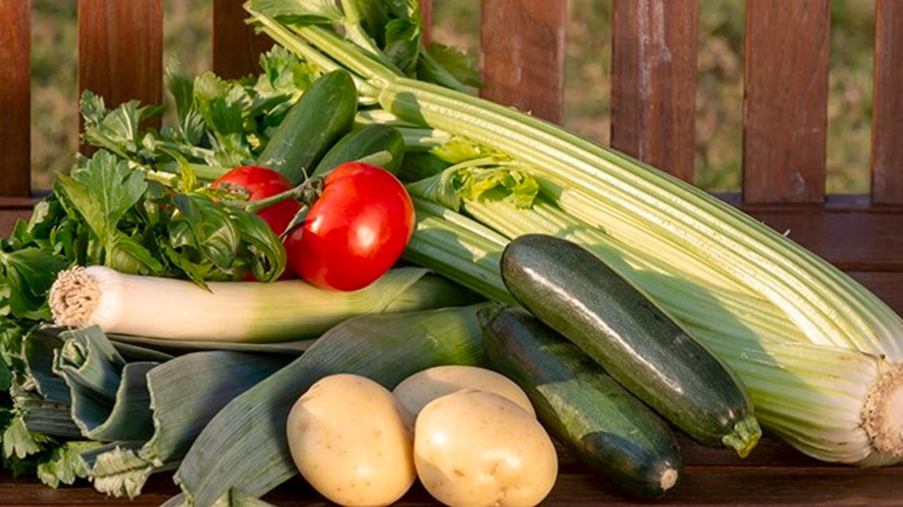 Harvested vegetables including celery, courgettes, potatoes, leeks and tomatoes.