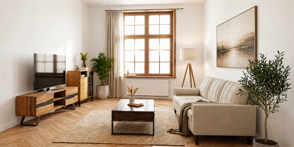 Living room styled with timber furniture, a cream sofa, TV unit, indoor plants and large sunlit windows.