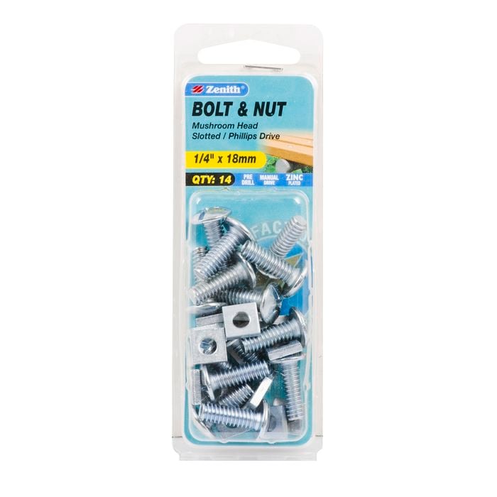 Zenith 1/4" x 18mm  Zinc Plated Mushroom Head Bolt And Nut - 14 Pack