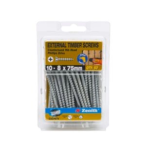 Zenith 10 - 8 x 75mm Galvanised Countersunk Rib Head Timber Screws - 50 Pack