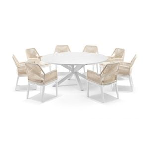 Houston Outdoor 1.8m Aluminium Dining Setting White With 8 Hugo Chairs & Cream Rope/cream Cushions