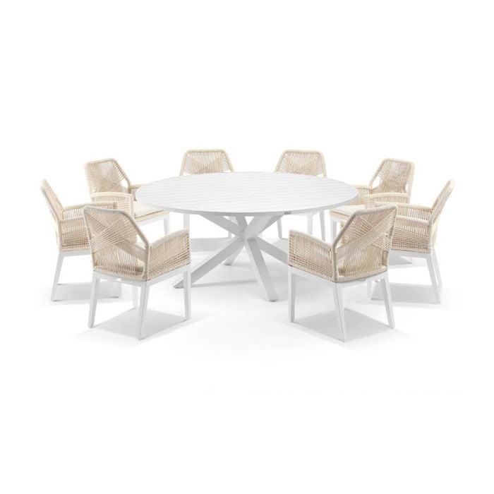 Houston Outdoor 1.8m Aluminium Dining Setting White With 8 Hugo Chairs & Cream Rope/cream Cushions