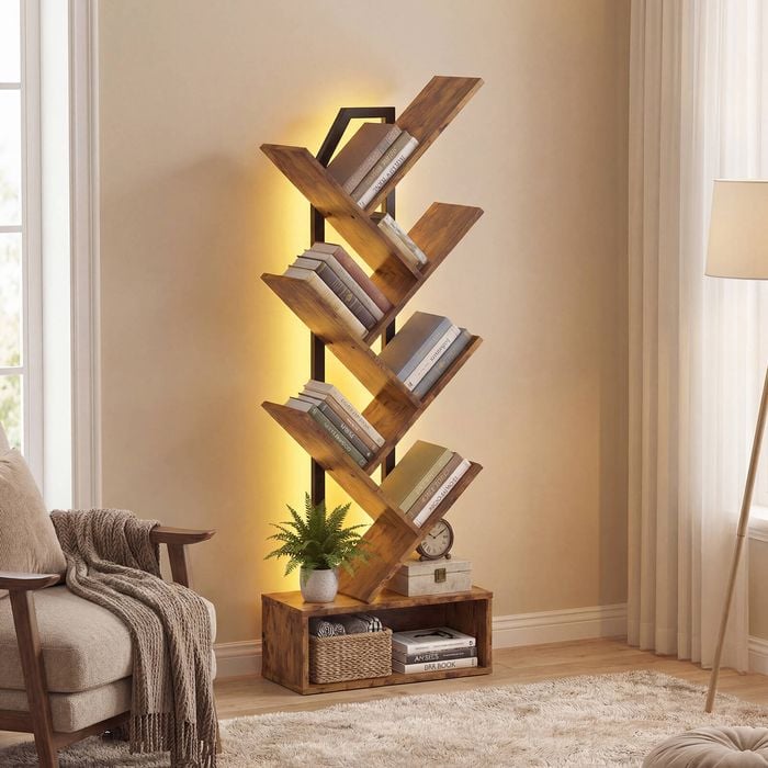 Advwin LED 6-Tier Tree Bookshelf Bookcase Book Organizer Shelves Walnut