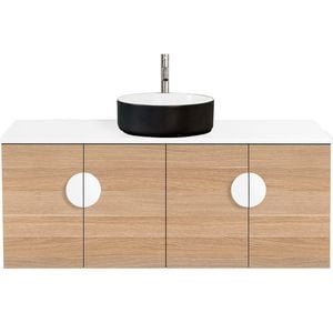 CIBO 1200mm Oak Mornington Wall Hung Vanity with Black / White Basin and White Handles