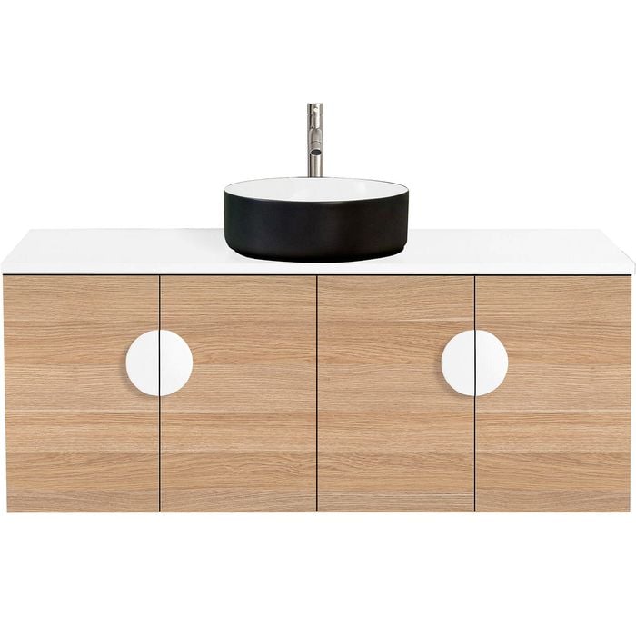 CIBO 1200mm Oak Mornington Wall Hung Vanity with Black / White Basin and White Handles