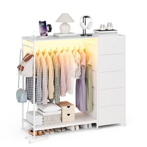 Advwin Dresser with Hanging Rack Fabric Chest of Drawers with Clothes Rail White