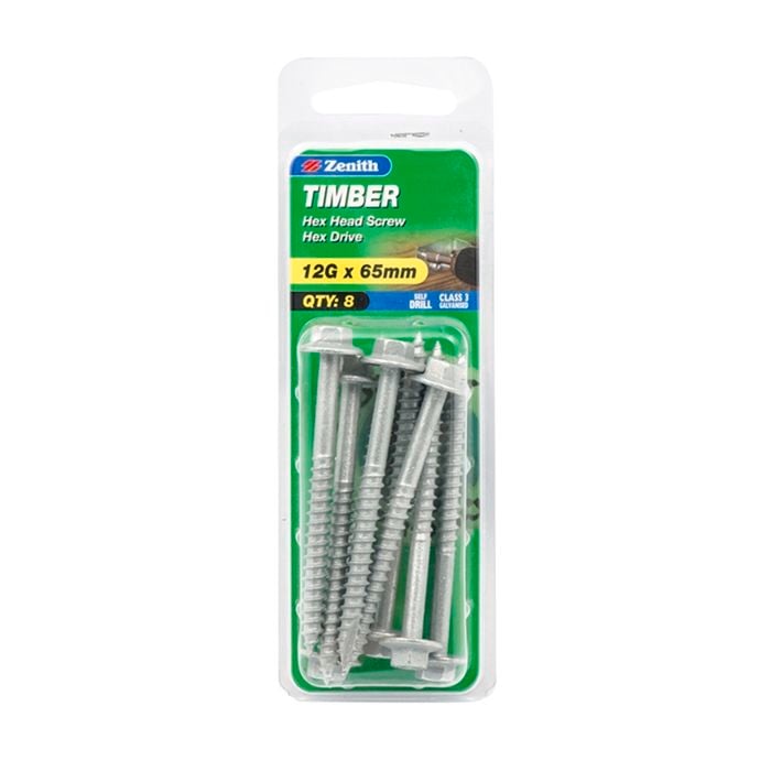 Zenith 12G x 65mm Galvanised Timber Hex Head Screw - 8 Pack