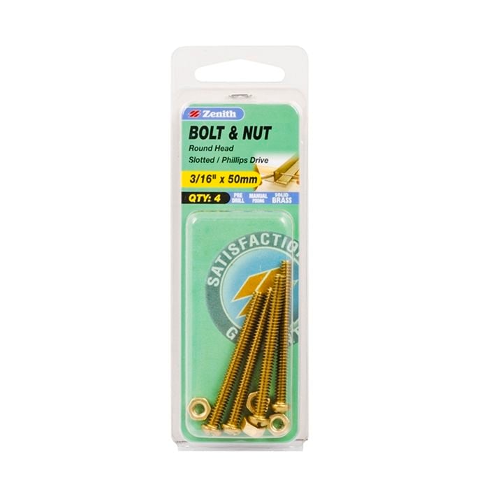 Zenith 3/16" x 50mm Solid Brass Round Head Bolt And Nut - 4 Pack