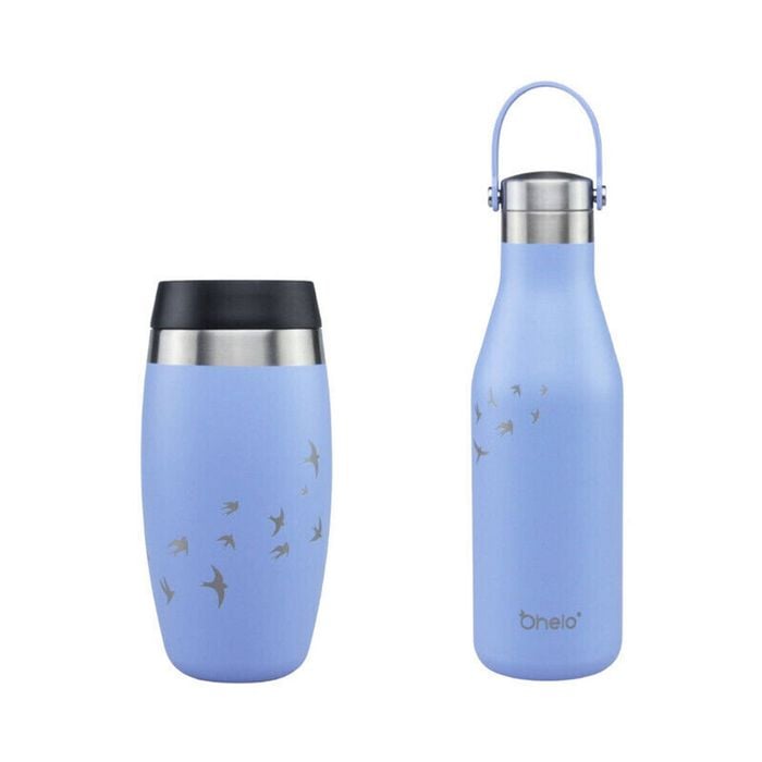 O'helo Blue Bottle & Tumbler With Etched Swallow - Oh-bt-be-swa