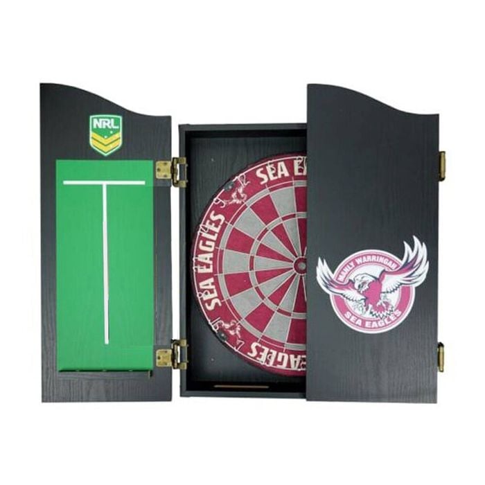 NRL Dartboard and Cabinet Set Manly Sea Eagles Team Design Black Finish