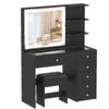 Ufurniture Dressing Table Stool Set Vanity Desk with LED Light and Charging Station Make up Mirror Glass Tabletop Black