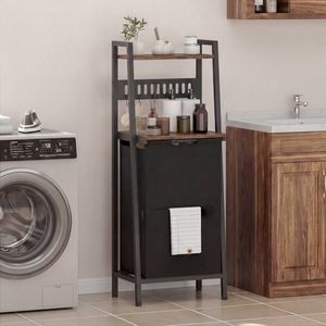 Ufurniture Laundry Hamper with 2-Tier Shelves, Hooks, 54L Laundry Basket with Wheels, Removable Inner Bag, Rustic Brown + Black